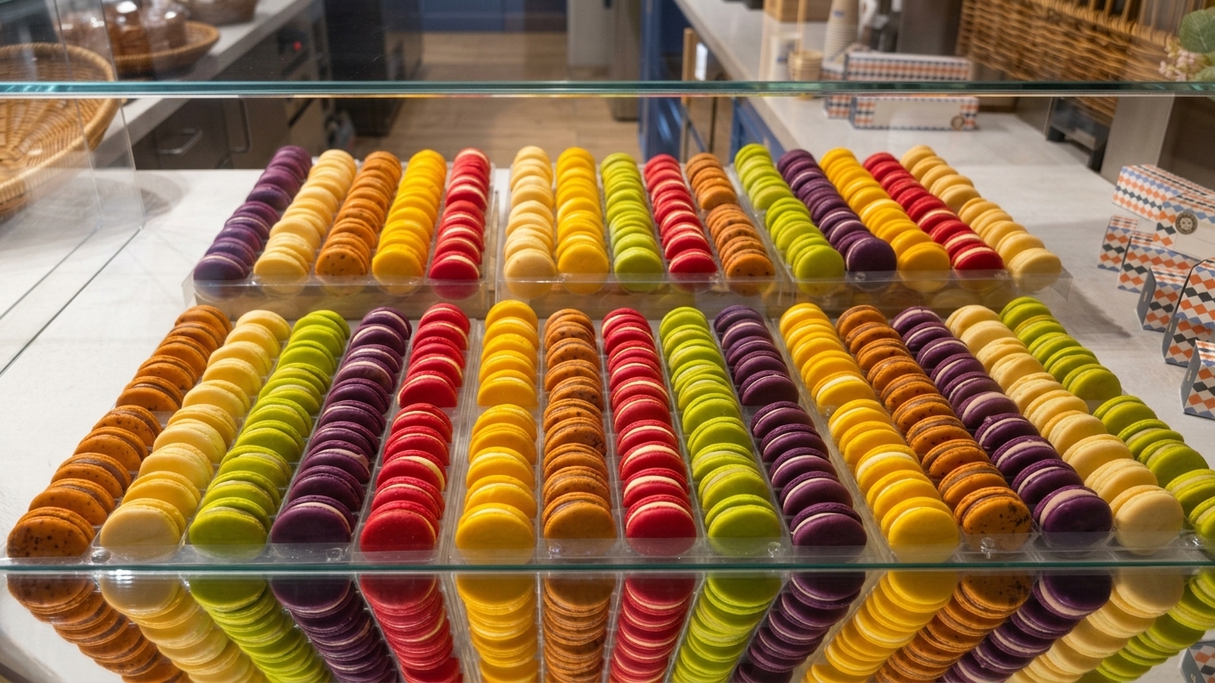 Macarons in vielen Sorten, sortiert in der Vitrine von La Maison du Pain